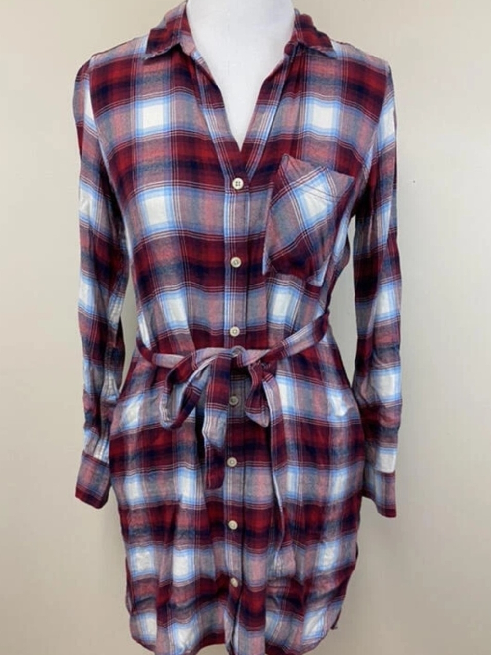 Gap x Pendleton Plaid Flannel Shirtdress Red Blue White Tie Waist XS Fall 2016